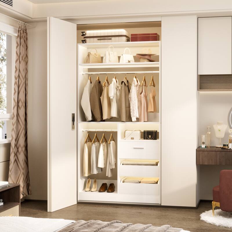 36'' W Freestanding Walk-in Closet Organizer System with 2 Hanging Rods and 3 Wood Drawers