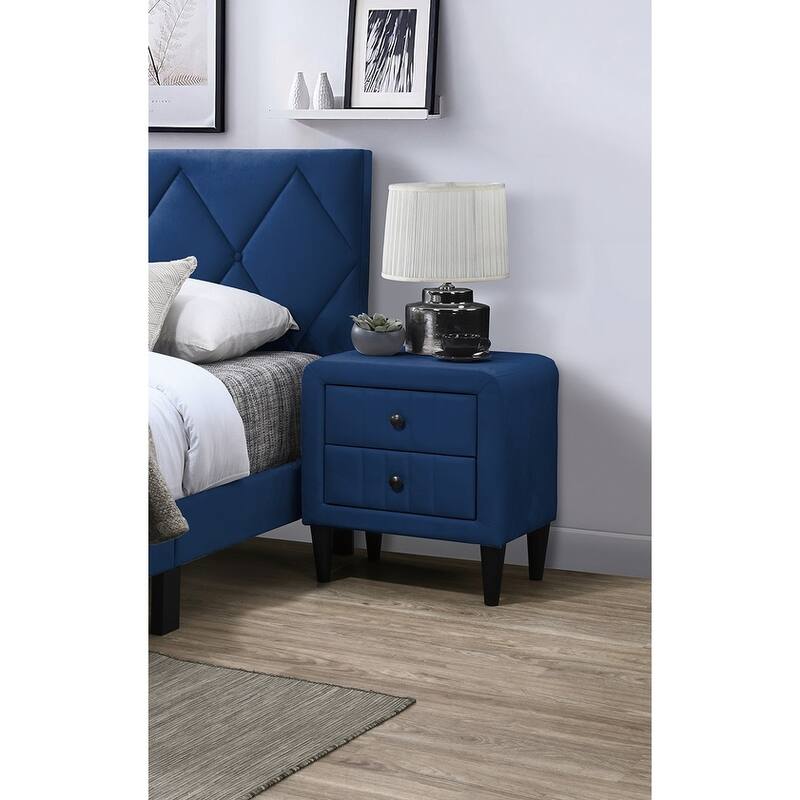 Navy Blue Velvet Nightstand with 2 Drawers, Sleek Design