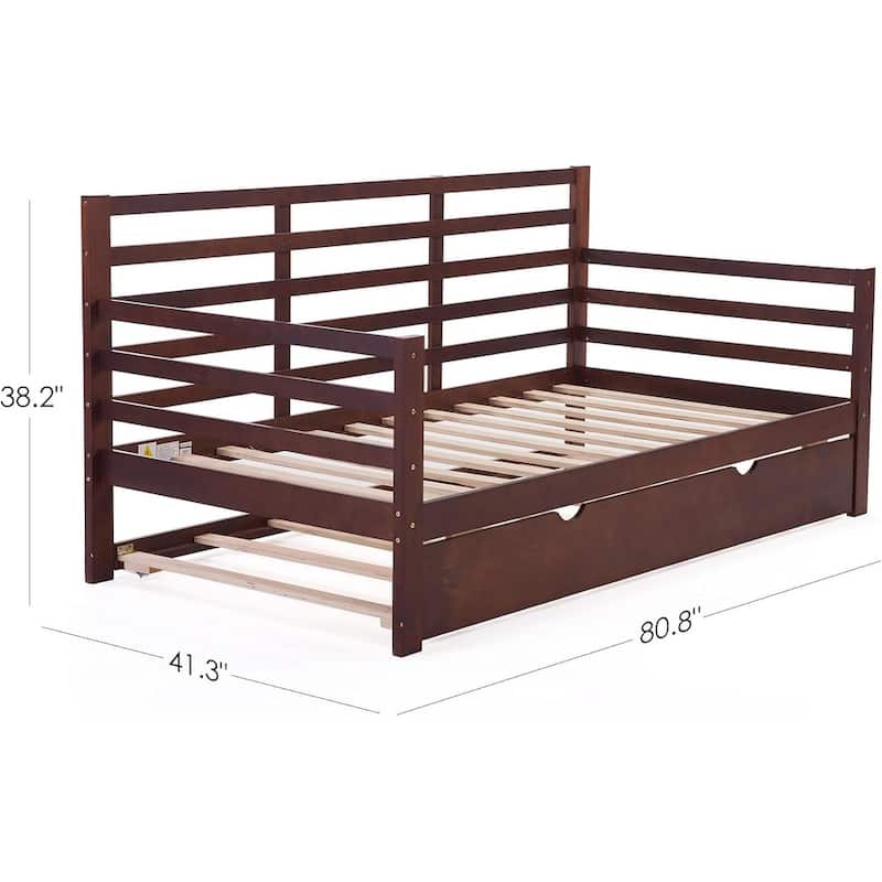 Twin Daybed with Trundle & Guardrails - Brown Pine Wood Bed Frame, 350lbs Capacity, Space-Saving for Guest/Kids Room