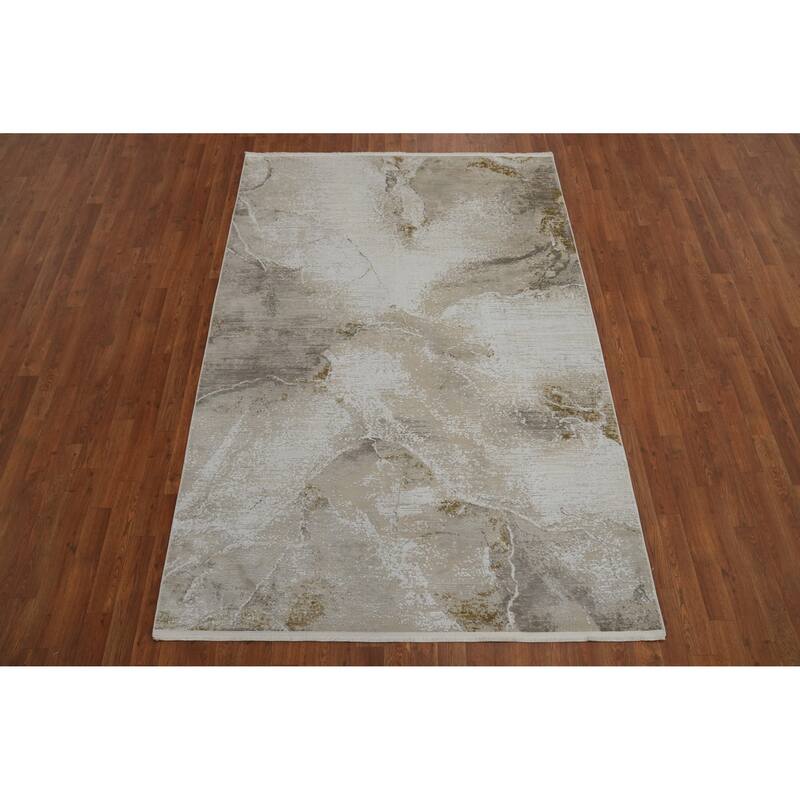 Machine Made Oriental Polyester Carpet Abstract Beige & Ivories Distressed Area Rug - 7' 5'' X 5' 2''