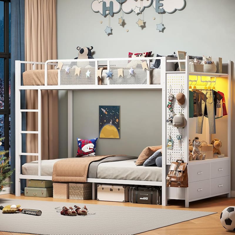 Metal Bunk Bed Twin Over Twin with Hall Tree 4 Storage Drawers