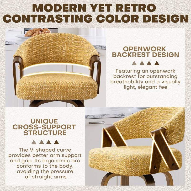 Mid-Century Upholstered Swivel Bar Stool/ Counter Stools with Curved Back - 37.5"H x 20.9"W x 19.9"D