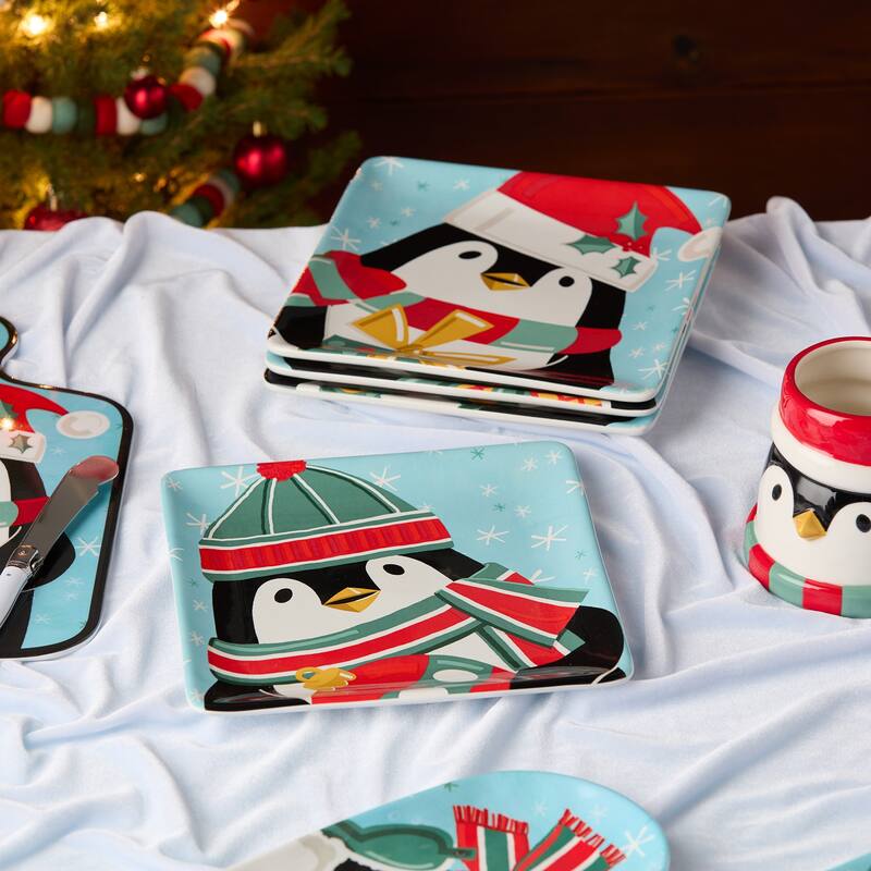 Certifed International Christmas Whimsy Penguin Set of 4 Dessert/Salad Plates 8.5" Assorted Designs - 8.5 L x 8.5 W x 1 H