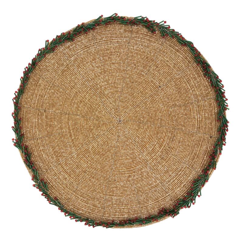 Elegant Evergreen Beaded Wreath Border Placemat (Set of 4) - Set of 4 - Gold.