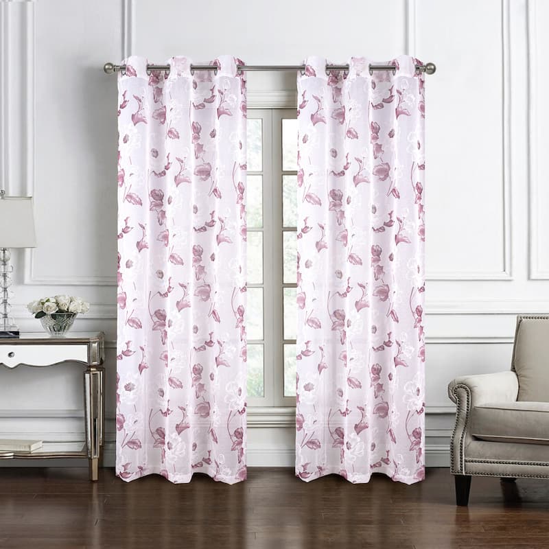 Ellie Floral Sheer Window Curtain Panel 84 inch or 95 inch - 54" x 95" - 95 Inches - Jillian - Rose