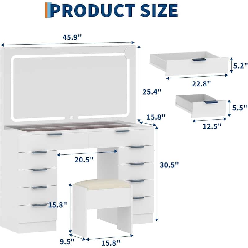 Vanity Desk, Makeup Dressing Table with Large Mirror and Lights