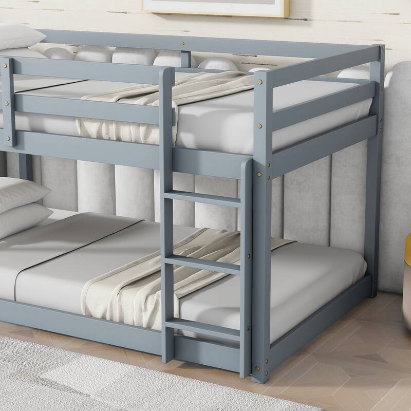 Wooden Twin over Twin Floor Bunk Bed with Ladder ,Upper and Bottom Bed Platforms