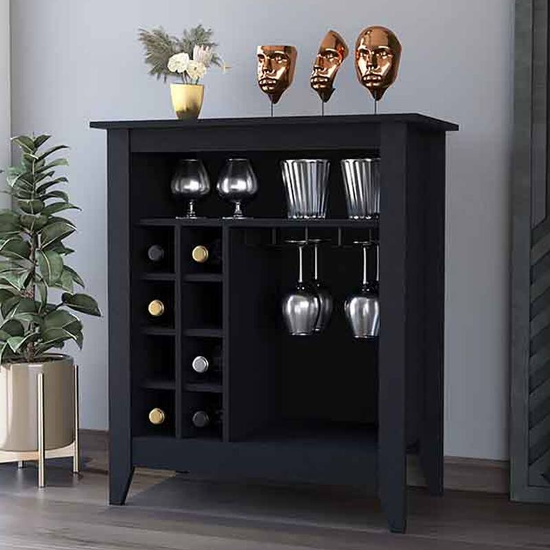 Black Wengue Finish Bar Cabinet with 6 Wine Cubbies, Open Shelf, and Interior Storage for Glasses - Black