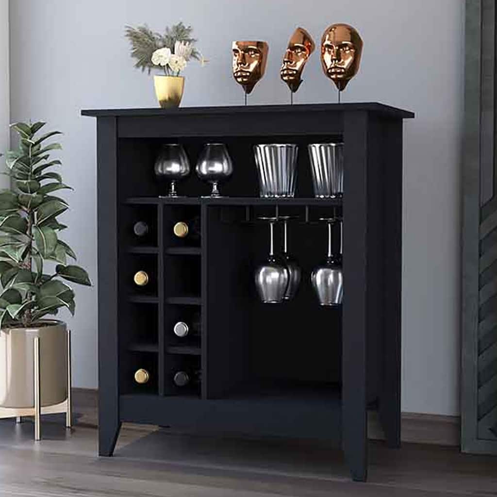Black Wengue Finish Bar Cabinet with 6 Wine Cubbies, Open Shelf, and Interior Storage for Glasses