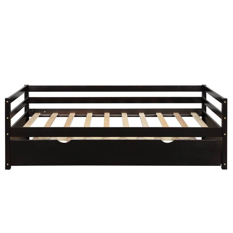 Twin Size Espresso Daybed with Pull-Out Trundle, No Box Spring Needed, Sturdy Wood Construction
