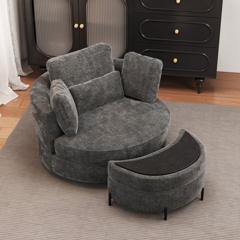 Modern Chenille 360° Swivel Accent Barrel Chair and Storage Ottoman