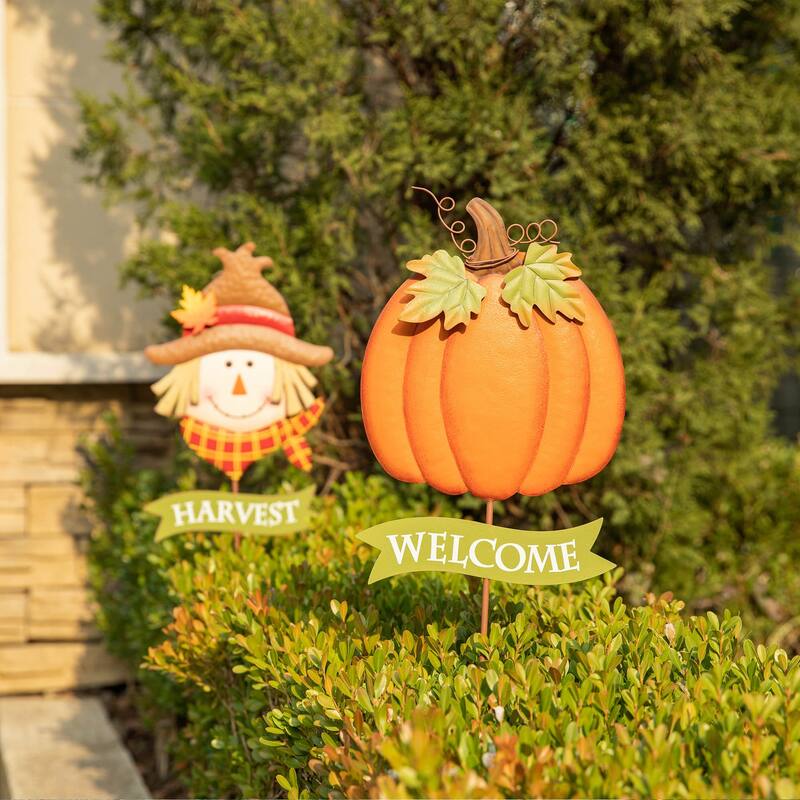 Glitzhome Fall Thanksgiving Metal Pumpkin Scarecrow Football Turkey Yard Stakes