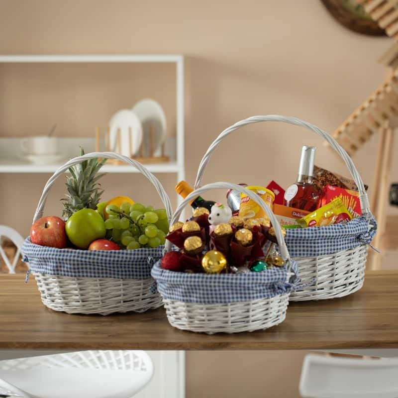 Traditional White Round Willow Gift Basket with Gingham Liner and Sturdy Foldable Handles, Food Snacks Storage Basket
