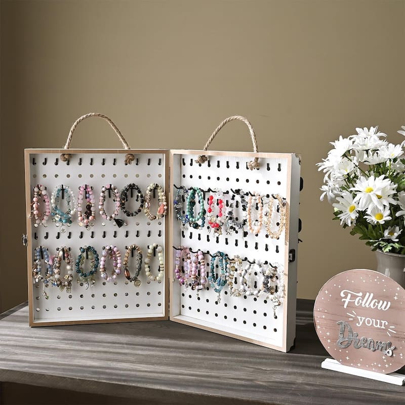 Wooden 2 Panel Pegboard Jewelry Display Organizer with 48 Black Hooks - S