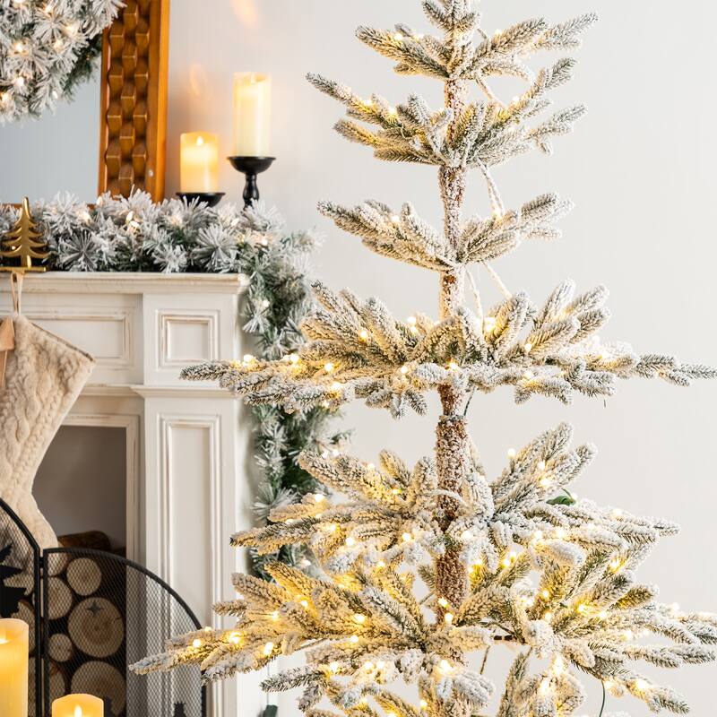 Glitzhome 6ft/7ft/9ft Deluxe Pre-Lit Flocked Slim Fir Artificial Christmas Tree with Warm White Lights