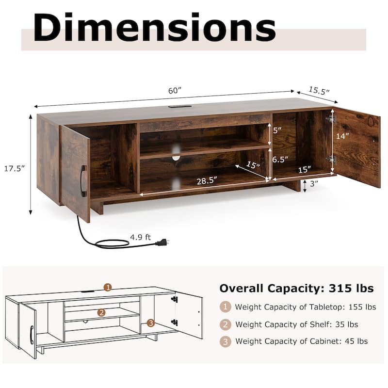 Modern TV Stand with USB Ports and Cable Holes for 65 Inch TVs - 60" x 15.5" x 17.5"