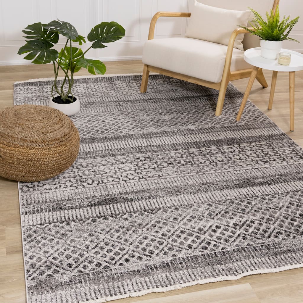 Eva Collection - Grey Banded Patterns Rug