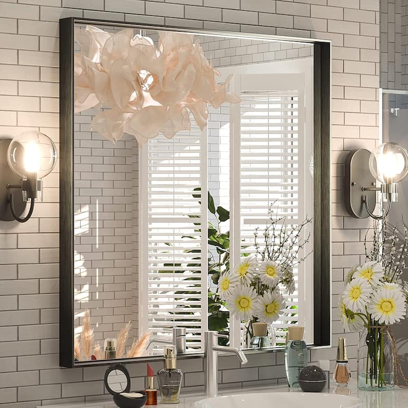 KEONJINN Modern Metal Framed Bathroom Vanity Wall Mounted Mirror - 36x36 - Black