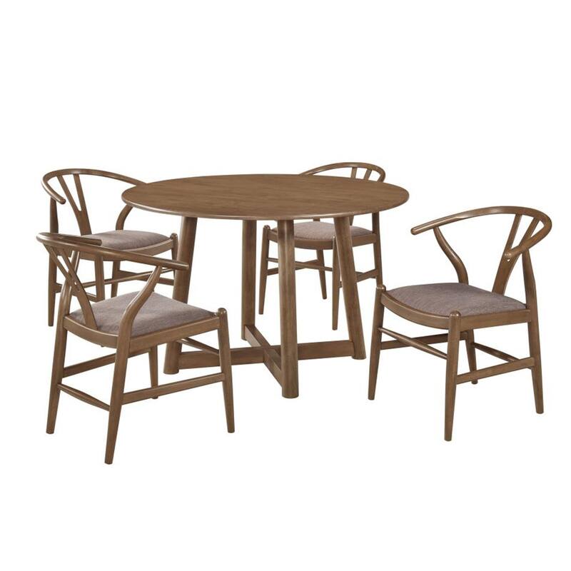 5 Piece Round Wooden Dining Set with Upholstered Chairs in Walnut - Walnut/Brown