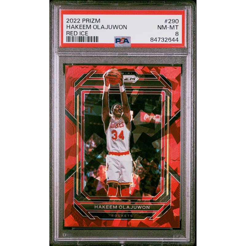 Hakeem Olajuwon 2022 Panini Prizm Red Ice Basketball Card #290 Graded PSA 8 - 8'6" x 11'6"