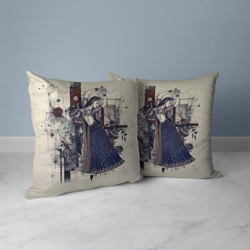 Gracefully Dancing Woman Faux Suede Reversible Throw Pillow Beige and Blue
