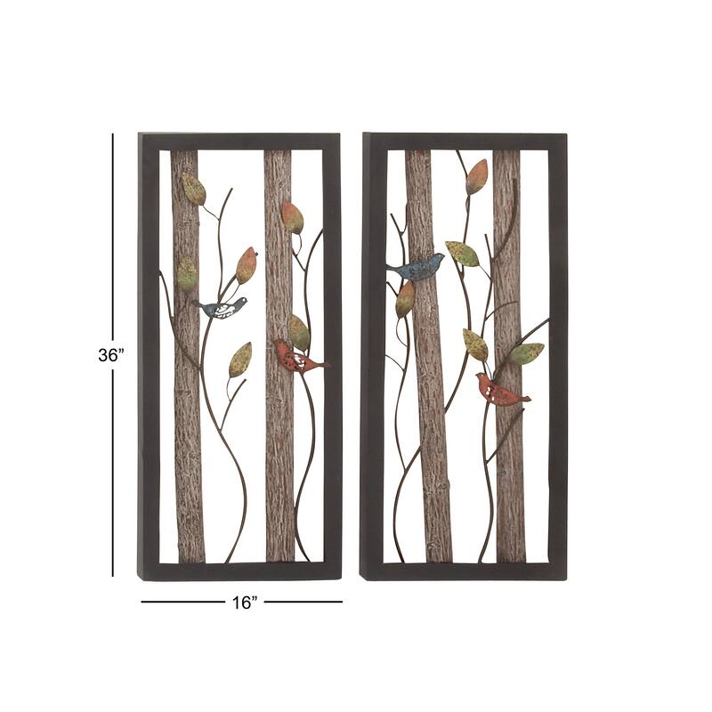 Black Metal Bird Wall Decor with Tree Branches and Colorful Leaves