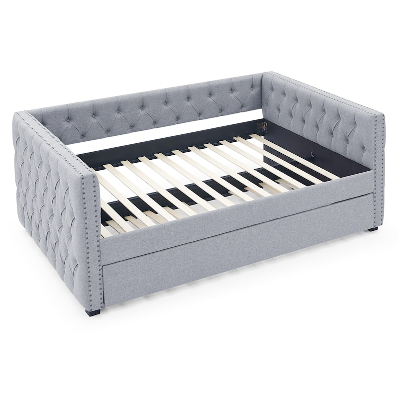 Trundle Upholstered Tufted Sofa,with Button and Copper Nail on Square Arms,Full Daybed,Twin Trundle