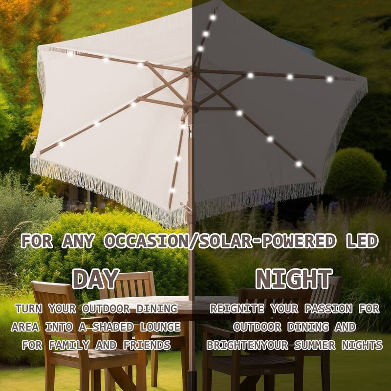 Autlaycil 7.5 ft Patio Umbrella with Tassel, 18 LED Lights Solar Umbrella