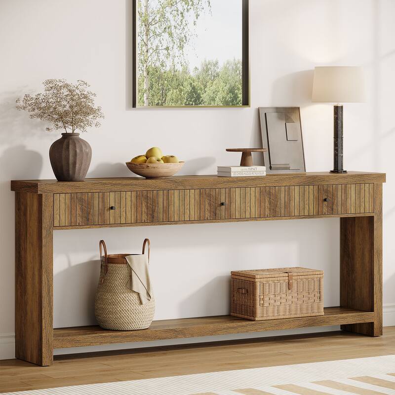 Industrial Wood Console Sofa Table with 3 Drawers for Entryway