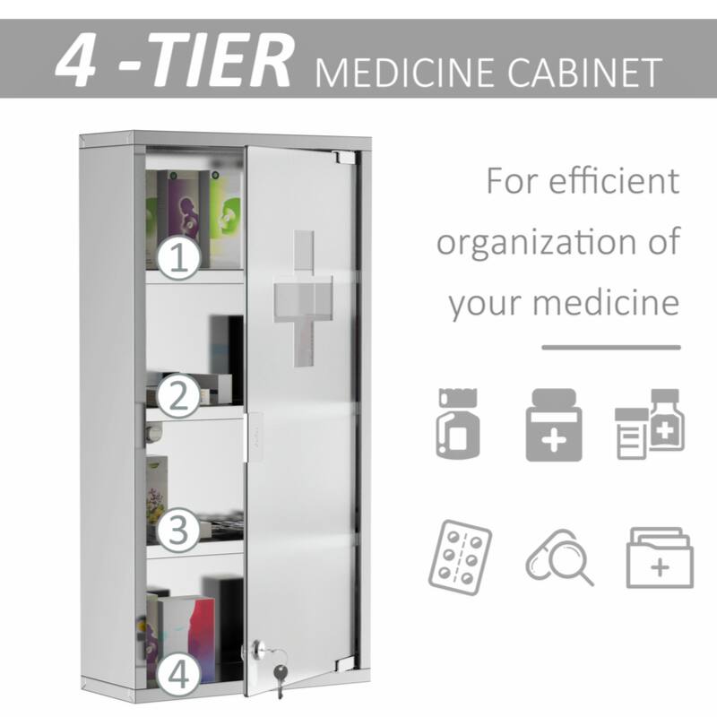 Wall Mounted Medicine Cabinet, Locking Wall Cabinet with 4 Tier Shelves,Silver