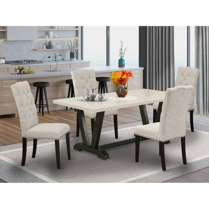 HomeStock 5-Piece Rectangle Natural Oak Finish Solid Wood Top Dining Table with 4 Upholstered Chairs with Lattice Back