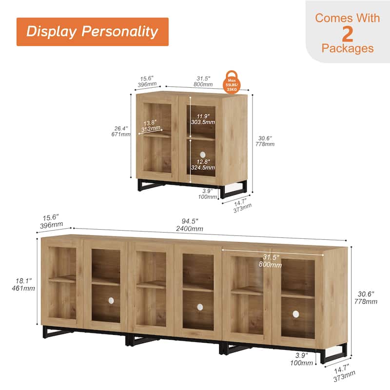 WAMPAT Modern TV Stand with Glass Doors for 110 inch TVs, Entertainment Center Console with Adjustable Shelves and Metal Base