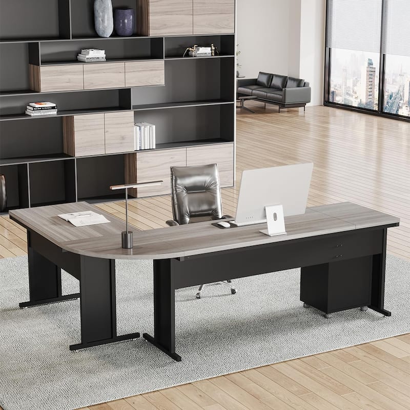 83" L-Shaped Executive Desk, Large Industrial Corner Computer Table Gray & Black