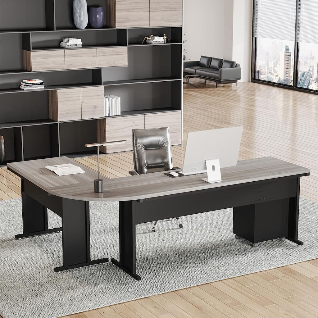 83" L-Shaped Executive Desk, Large Industrial Corner Computer Table Gray & Black