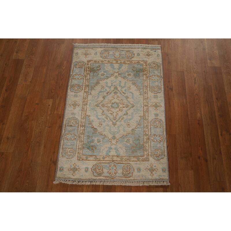 Hand Knotted Oriental 100% Wool Carpet Transitional Geometric Beige & Ivories Oushak Area Rug - 3' 0'' X 2' 0''
