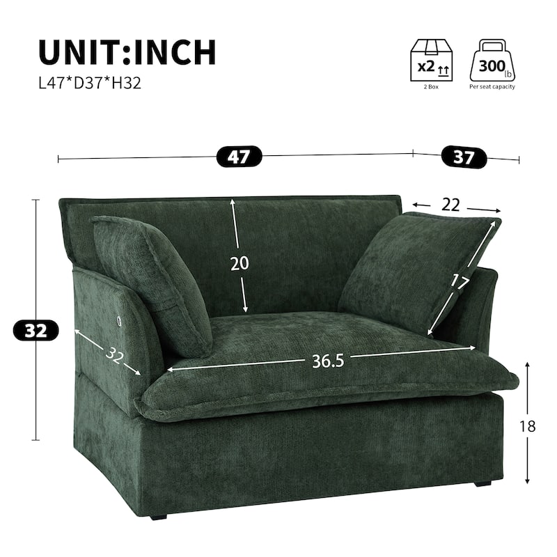 47.2" Oversized Single Sofa Chair Accent Chair with Charging Ports, Chenille Armchair Lounge Chair for Living Room Apartment