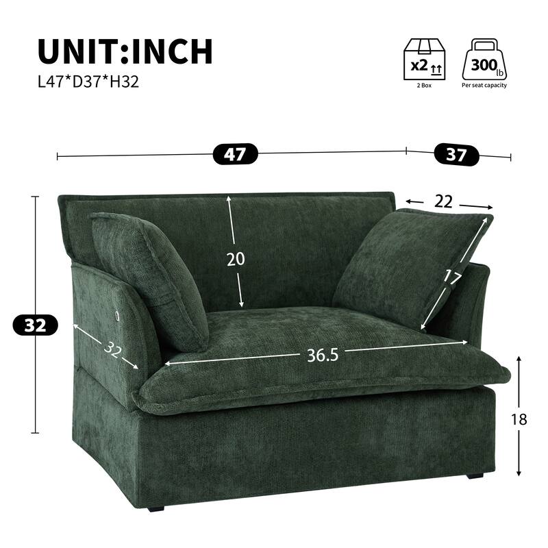 Roomfitters 47.2" Oversized Accent Chair, Chenille Armchair with Deep Wide Seat, Throw Pillows, Modern Lounge Sofa