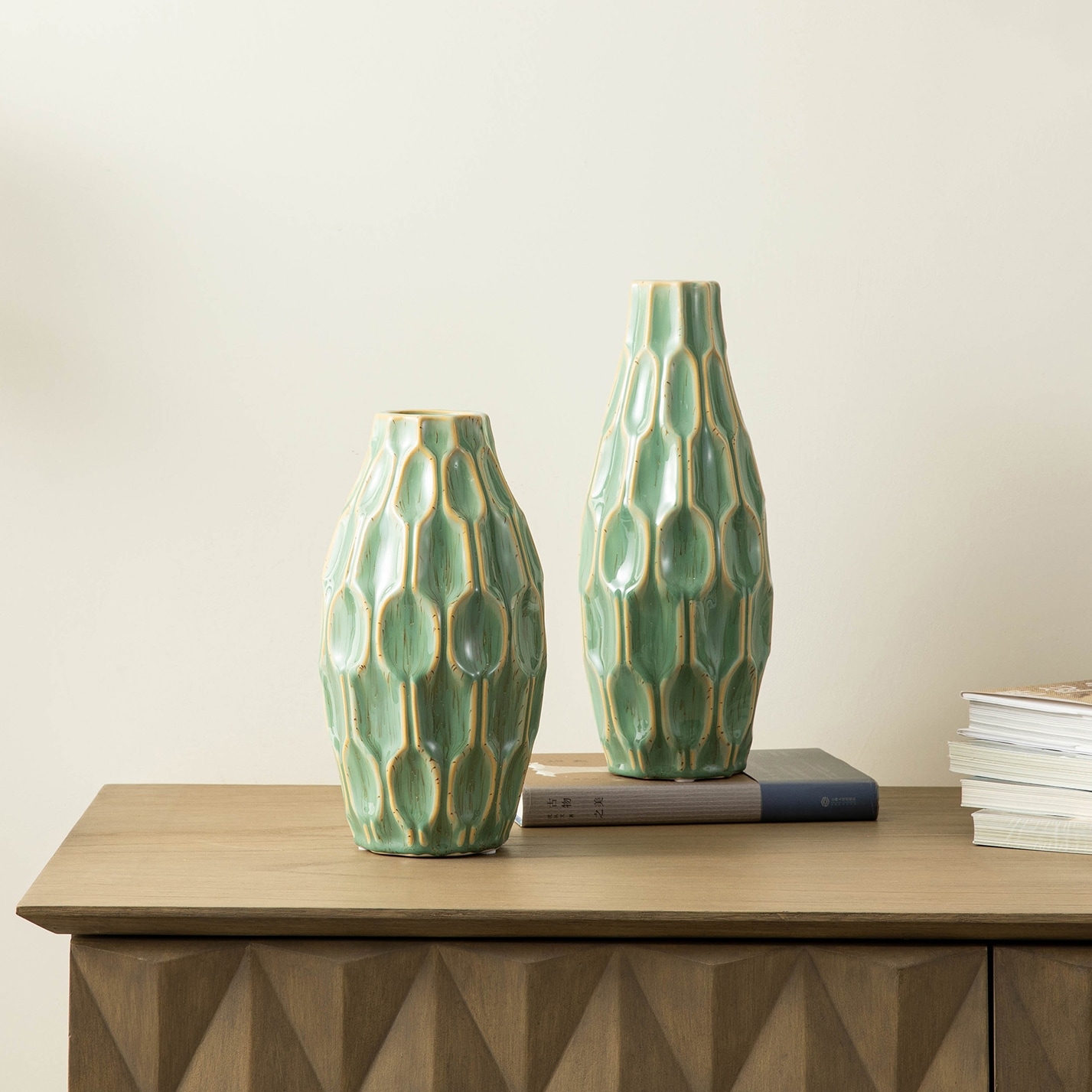 Glitzhome Set of 2 Modern Geometric Green Ceramic Table Vases - On