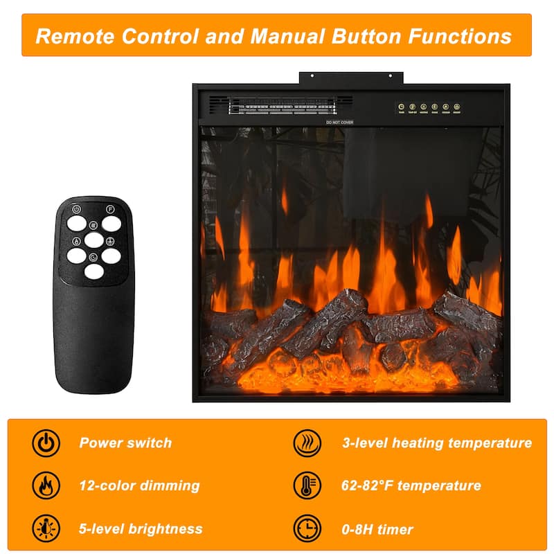 Solid Wood Electric Fireplace TV Stand with 12-Color LED Flame, White Wood Cabinet with Roman Columns, 1500W Heater