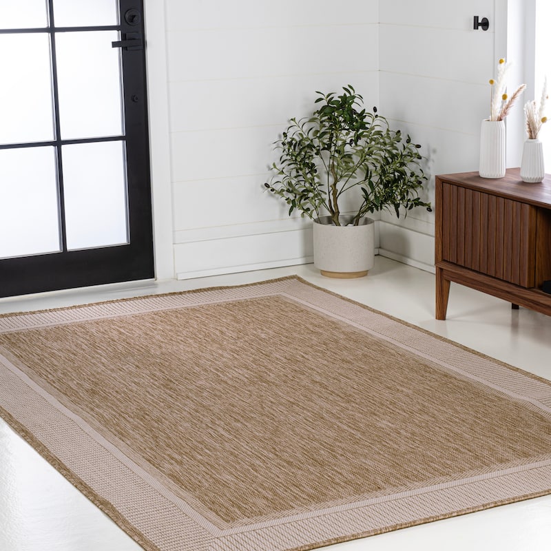 JONATHAN Y Alda Coastal Casual Wide Stripe Border Beige/Cream Indoor/Outdoor Area Rug