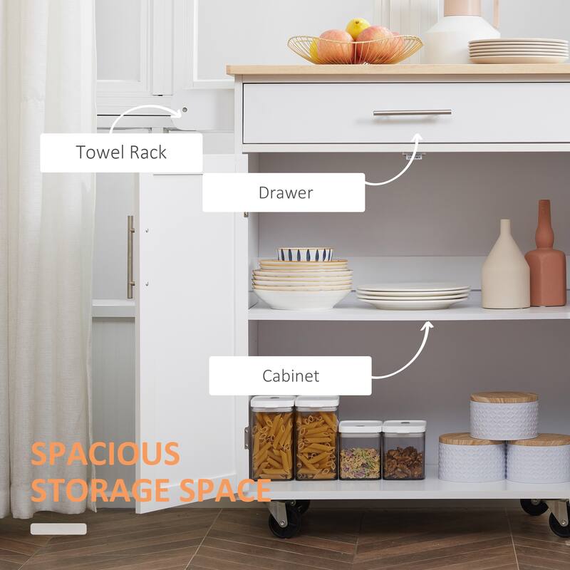 White Rubberwood Kitchen Island Cart with Drawer, Shelf and Wheels - 32.75" W x 17.75" D x 36" H