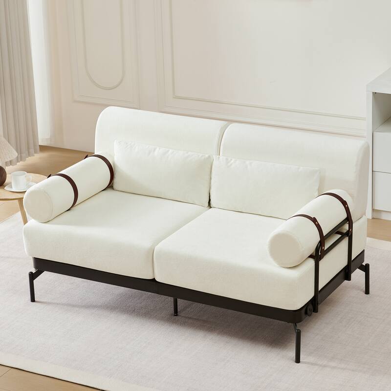 Chenille Loveseat Sofa, 59" 2 Seater Sofa with USB Ports, Round Arms, Adjustable Faux Leather Straps for Living Room