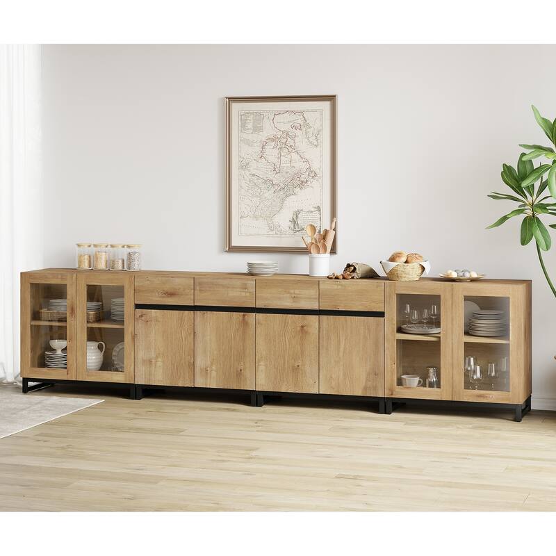 Modern Sideboard with Adjustable Shelves, 4 in 1 Storage Cabinet with Glass Doors, Coffee Bar Cabinet for Living Room, Kitchen - 126 inches - Oak