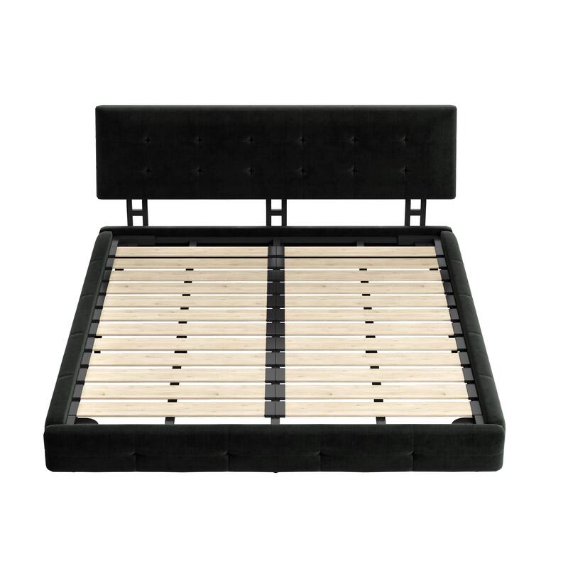 King Size Bed Frame w/ Extra-Large Ultra-Soft Cloud Pillow Design w/ Metal & Wooden Slats Double Support - Black
