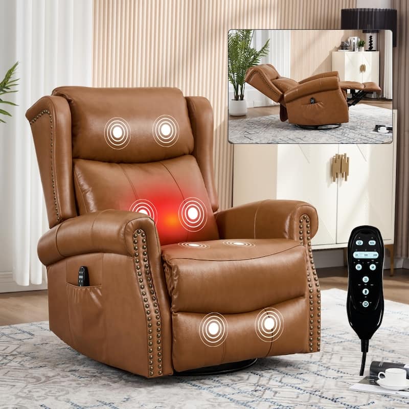 Heat Massage Manual Recliner Chair with Rocker and Swivel in Fabric - Yellow