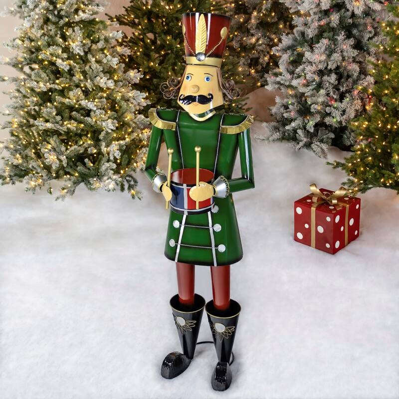 Iron Christmas Green Nutcracker "Leo" Holding Drum - 19"x15"x60"