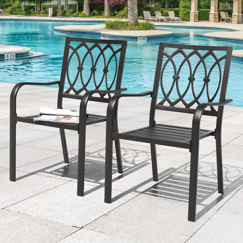 Patio 2-Piece Iron Dining Chairs with Ventilated Slatted Seat and Stackable Design - Black