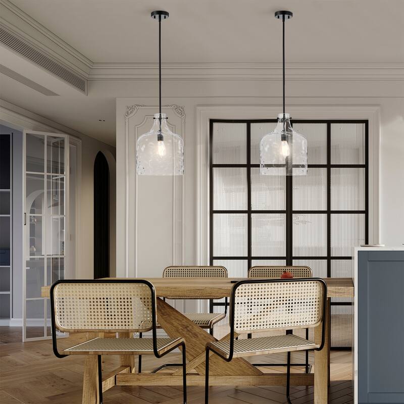 Clear Dimpled Cylindrical Glass Pendant Ceiling Light - 12in