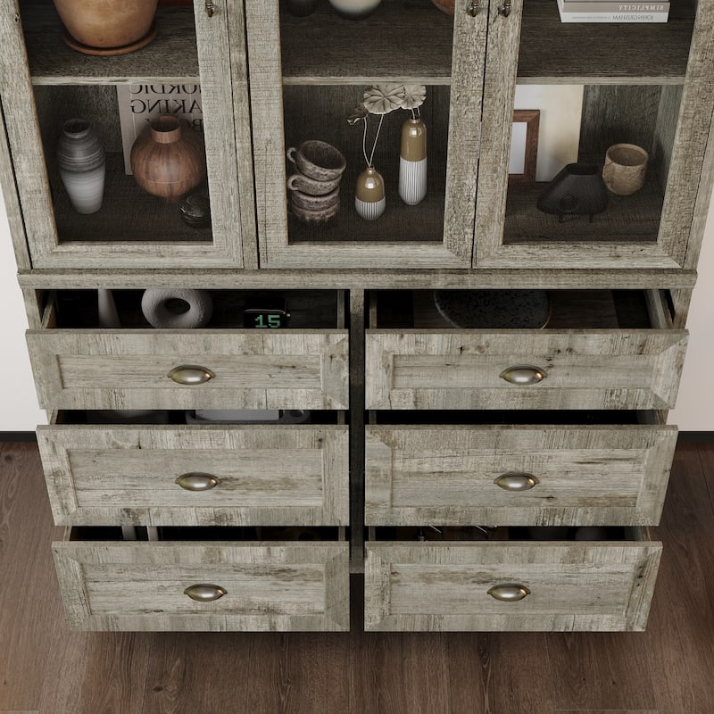Farmhouse Kitchen Pantry Cabinet 6-Tier Bookshelf with Adjustable Shelves & Glass Doors