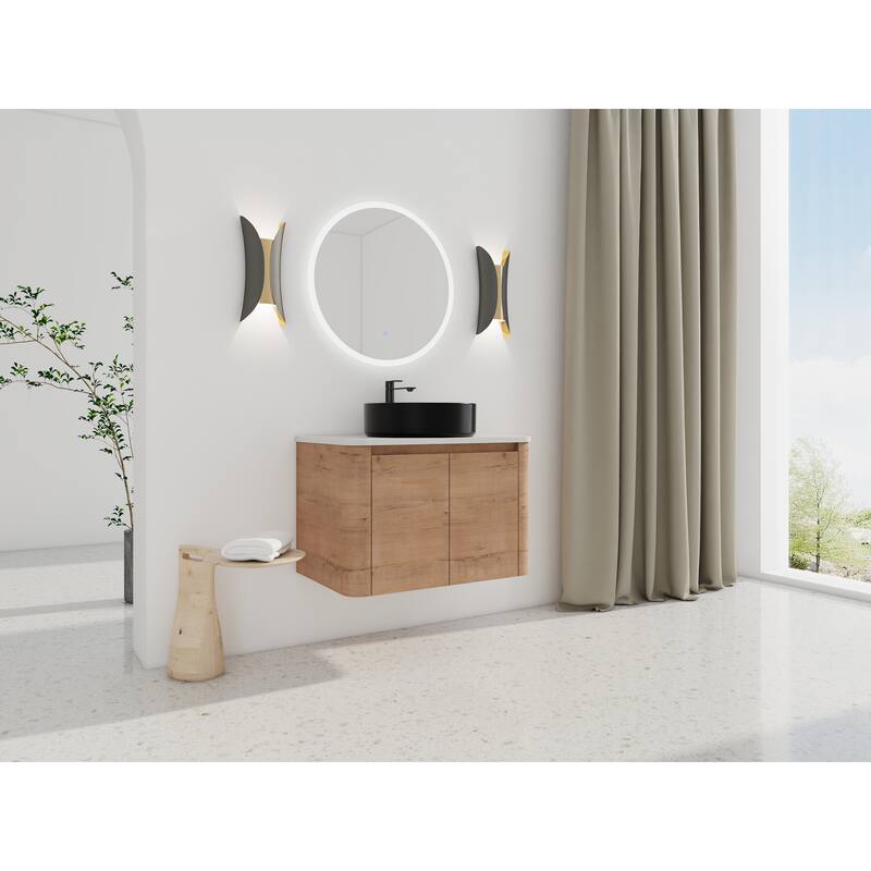30'' Wall-Mounted Bathroom Vanity With Ceramic Art Sink & 2-Soft-Close Door, KD-Packing, Plywood